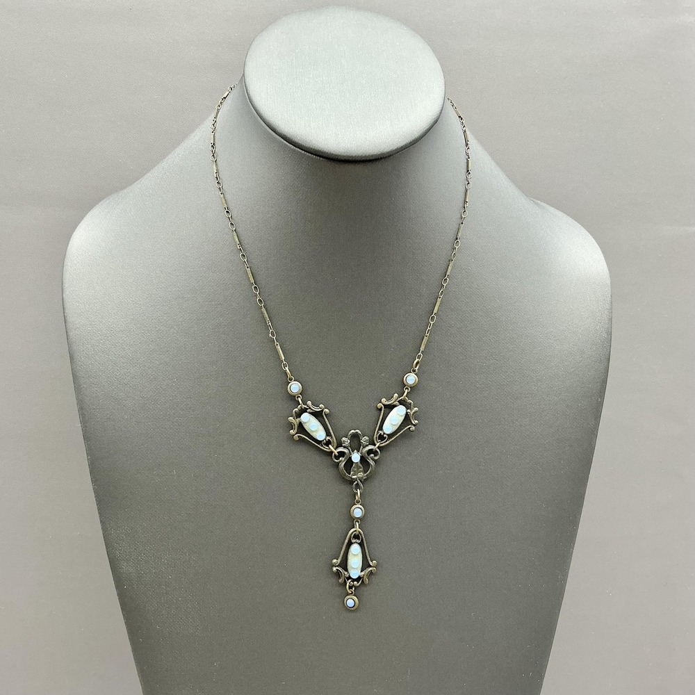 Glass Works Studio Necklace Art Nouveau Blue Glass Brass Tone Y-Drop Statement